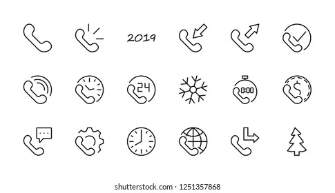 Set of phone vector line icons. It contains the symbols of incoming, outgoing, missed calls, global call and round the clock online support and much more. Editable move. 32x32 pixels.