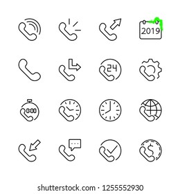 Set of phone vector line icons. It contains the symbols of incoming, outgoing, missed calls, global call and round the clock online support and much more. Editable Stroke. 32x32 pixels.
