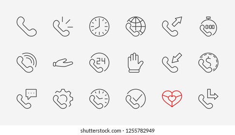 Set of phone vector line icons. It contains the symbols of incoming, outgoing, missed calls, global call and round the clock online support and much more. Editable move. 32x32 pixels.