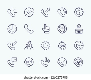 Set of phone vector line icons. It contains the symbols of incoming, outgoing, missed calls, global call and round the clock online support and much more. Editable move. 32x32 pixels.