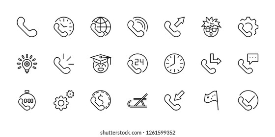 Set of phone vector line icons. It contains the symbols of incoming, outgoing, missed calls, global call and round the clock online support and much more. Editable move. 32x32 pixels.