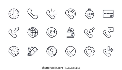 Set of phone vector line icons. It contains the symbols of incoming, outgoing, missed calls, global call and round the clock online support and much more. Editable move. 32x32 pixels.