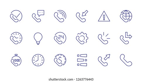 Set of phone vector line icons. It contains the symbols of incoming, outgoing, missed calls, global call and round the clock online support and much more. Editable move. 32x32 pixels.