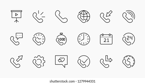 Set of phone vector line icons. It contains the symbols of incoming, outgoing, missed calls, global call and round the clock online support and much more. Editable move. 32x32 pixels.