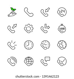Set of Phone vector line icons. It contains the symbols of incoming, outgoing, missed calls, global call and round the clock online support and much more. Editable Stroke. 32x32 pixels.