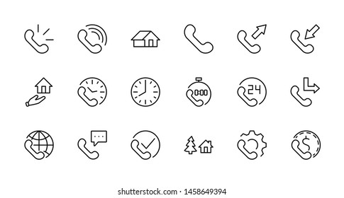 Set of Phone vector line icons. It contains the symbols of incoming, outgoing, missed calls, global call and round the clock online support and much more. Editable Stroke. 32x32 pixels.