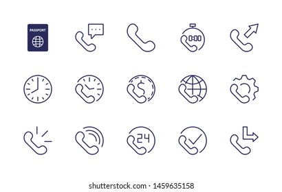 Set of Phone vector line icons. It contains the symbols of incoming, outgoing, missed calls, global call and round the clock online support and much more. Editable Stroke. 32x32 pixels.
