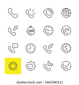 Set of Phone vector line icons. It contains the symbols of incoming, outgoing, missed calls, global call and round the clock online support and much more. Editable Stroke. 32x32 pixels.