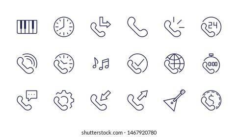 Set of Phone vector line icons. It contains the symbols of incoming, outgoing, missed calls, global call and round the clock online support and much more. Editable Stroke. 32x32 pixels.