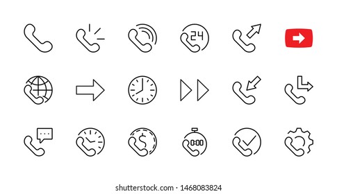 Set of Phone vector line icons. It contains the symbols of incoming, outgoing, missed calls, global call and round the clock online support and much more. Editable Stroke. 32x32 pixels.
