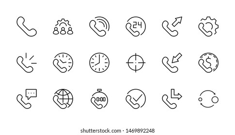 Set of Phone vector line icons. It contains the symbols of incoming, outgoing, missed calls, global call and round the clock online support and much more. Editable Stroke. 32x32 pixels.