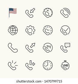 Set of Phone vector line icons. It contains the symbols of incoming, outgoing, missed calls, global call and round the clock online support and much more. Editable Stroke. 32x32 pixels.