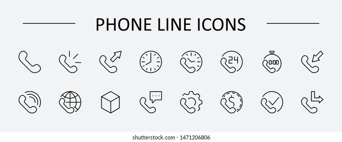 Set of Phone vector line icons. It contains the symbols of incoming, outgoing, missed calls, global call and round the clock online support and much more. Editable Stroke. 32x32 pixels.