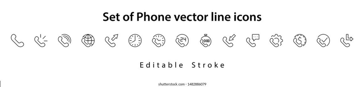 Set of Phone vector line icons. It contains the symbols of incoming, outgoing, missed calls, global call and round the clock online support and much more. Editable Stroke. 32x32 pixels.