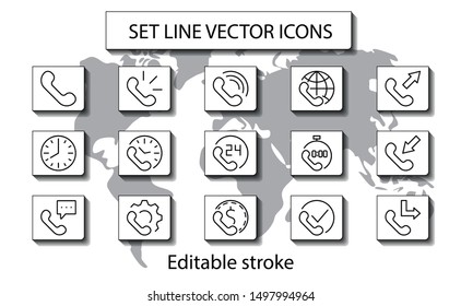 Set of Phone vector line icons. It contains the symbols of incoming, outgoing, missed calls, global call and round the clock online support and much more. Editable Stroke. 32x32 pixels.