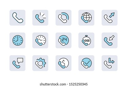 Set of Phone vector line icons. It contains the symbols of incoming, outgoing, missed calls, global call and round the clock online support and much more. Editable Stroke. 32x32 pixels.