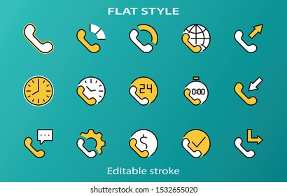 Set of Phone vector line icons. It contains the symbols of incoming, outgoing, missed calls, global call and round the clock online support and much more. Editable Stroke. 32x32 pixels.