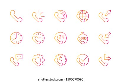 Set of Phone vector line icons. It contains the symbols of incoming, outgoing, missed calls, global call and round the clock online support and much more. Editable Stroke. 32x32 pixels.