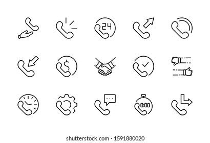 Set of Phone vector line icons. It contains the symbols of incoming, outgoing, missed calls, global call and round the clock online support and much more. Editable Stroke. 32x32 pixels.
