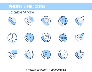 Set of Phone vector line icons. It contains the symbols of incoming, outgoing, missed calls, global call and round the clock online support and much more. Editable Stroke. 32x32 pixels.