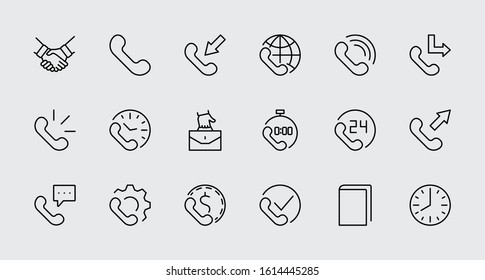 Set of Phone vector line icons. It contains the symbols of incoming, outgoing, missed calls, global call and round the clock online support and much more. Editable Stroke. 32x32 pixels.