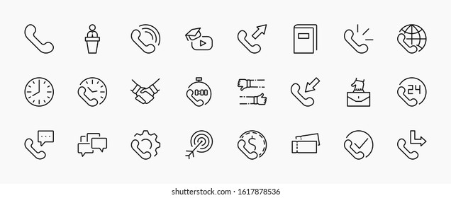 Set of Phone vector line icons. It contains the symbols of incoming, outgoing, missed calls, global call and round the clock online support and much more. Editable Stroke. 32x32 pixels.
