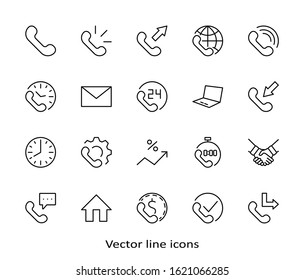 Set of Phone vector line icons. It contains the symbols of incoming, outgoing, missed calls, global call and round the clock online support and much more. Editable Stroke. 32x32 pixels.