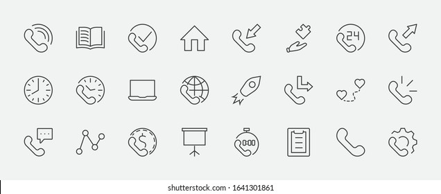 Set of Phone vector line icons. It contains the symbols of incoming, outgoing, missed calls, global call and round the clock online support and much more. Editable Stroke. 32x32 pixels.