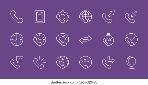 Set of Phone vector line icons. It contains the symbols of incoming, outgoing, missed calls, global call and round the clock online support and much more. Editable Stroke. 32x32 pixels.