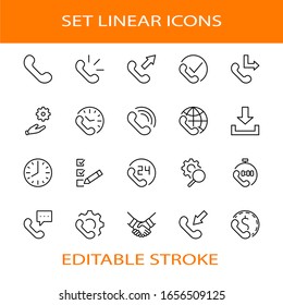 Conjunto de iconos de línea vector de teléfono. Contiene los símbolos de llamadas entrantes, salientes, perdidas, llamadas globales y soporte en línea las 24 horas del día, y mucho más. Trazo editable. 32x32 píxeles.