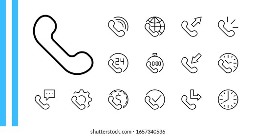 Set of Phone vector line icons. It contains the symbols of incoming, outgoing, missed calls, global call and round the clock online support and much more. Editable Stroke. 32x32 pixels.