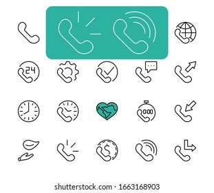 Set of Phone vector line icons. It contains the symbols of incoming, outgoing, missed calls, global call and round the clock online support and much more. Editable Stroke. 32x32 pixels.