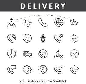 Conjunto de iconos de línea vector de teléfono. Contiene los símbolos de llamadas entrantes, salientes, perdidas, llamadas globales y soporte en línea las 24 horas del día, y mucho más. Trazo editable. 32x32 píxeles.