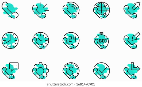 Conjunto de iconos de línea vector de teléfono. Contiene los símbolos de llamadas entrantes, salientes, perdidas, llamadas globales y soporte en línea las 24 horas del día, y mucho más. Trazo editable. 32x32 píxeles.