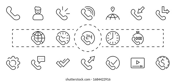 Set of Phone vector line icons. It contains the symbols of incoming, outgoing, missed calls, global call and round the clock online support and much more. Editable Stroke. 32x32 pixels.