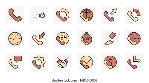 Set of Phone vector line icons. It contains the symbols of incoming, outgoing, missed calls, global call and round the clock online support and much more. Editable Stroke. 32x32 pixels.