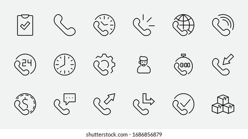 Set of Phone vector line icons. It contains the symbols of incoming, outgoing, missed calls, global call and round the clock online support and much more. Editable Stroke. 32x32 pixels.