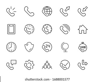 Set of Phone vector line icons. It contains the symbols of incoming, outgoing, missed calls, global call and round the clock online support and much more. Editable Stroke. 32x32 pixels.