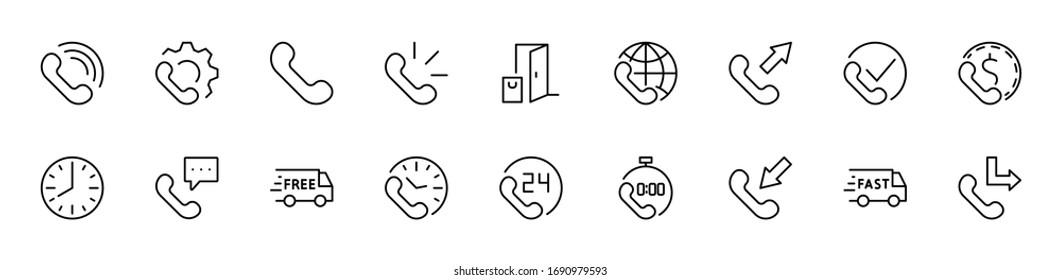 Set of Phone vector line icons. It contains the symbols of incoming, outgoing, missed calls, global call and round the clock online support and much more. Editable Stroke. 32x32 pixels.