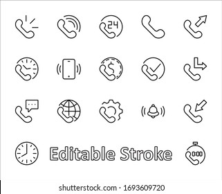 Set of Phone vector line icons. It contains the symbols of incoming, outgoing, missed calls, global call and round the clock online support and much more. Editable Stroke. 32x32 pixels.