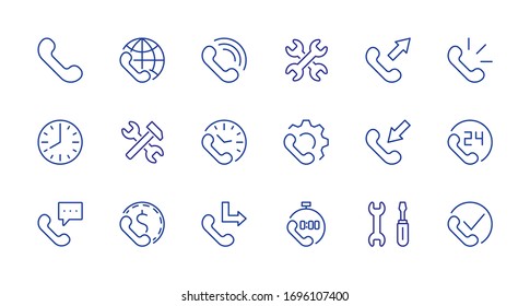 Set of Phone vector line icons. It contains the symbols of incoming, outgoing, missed calls, global call and round the clock online support and much more. Editable Stroke. 32x32 pixels.