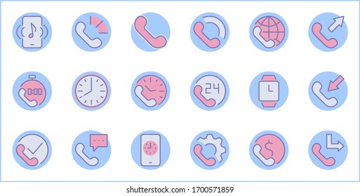 Set of Phone vector line icons. It contains the symbols of incoming, outgoing, missed calls, global call and round the clock online support and much more. Editable Stroke. 32x32 pixels.