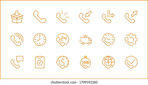 Set of Phone vector line icons. It contains the symbols of incoming, outgoing, missed calls, global call and round the clock online support and much more. Editable Stroke. 32x32 pixels.