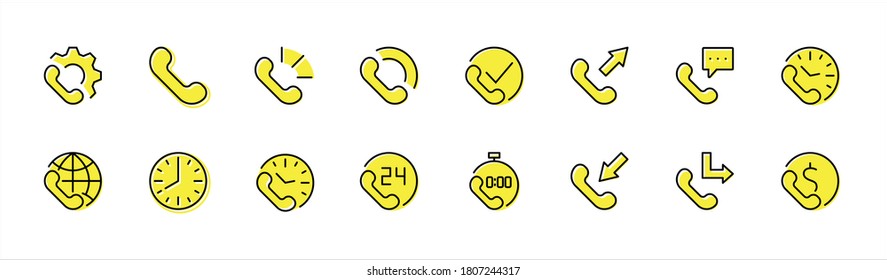 Set of Phone vector line icons. It contains the symbols of incoming, outgoing, missed calls, global call and round the clock online support and much more. Editable Stroke. 32x32 pixels.