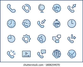 Set of Phone vector line icons. It contains the symbols of incoming, outgoing, missed calls, global call and round the clock online support and much more. Editable Stroke. 32x32 pixels.