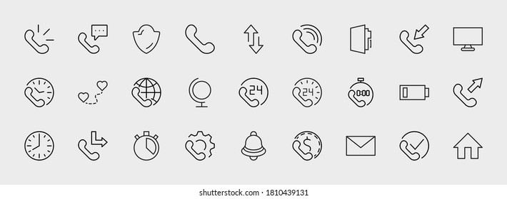 Set of Phone vector line icons. It contains the symbols of incoming, outgoing, missed calls, global call and round the clock online support and much more. Editable Stroke. 32x32 pixels.