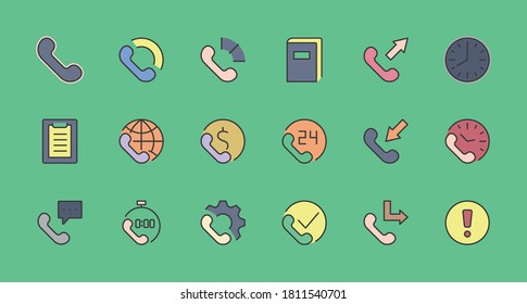 Set of Phone vector line icons. It contains the symbols of incoming, outgoing, missed calls, global call and round the clock online support and much more. Editable Stroke. 32x32 pixels.
