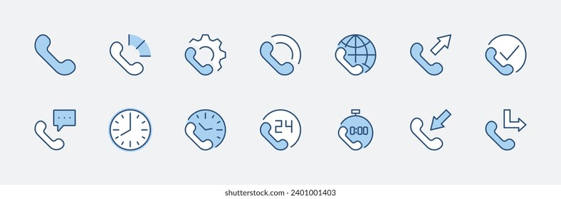 Set of Phone vector line icons. It contains the symbols of incoming, outgoing, missed calls, global call and round the clock online support and much more. Editable Stroke. 32x32 pixels.