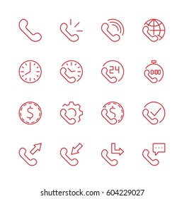 Set of phone vector line icons. It contains the symbols of incoming, outgoing, missed calls, global call and round the clock online support and much more. Editable move. 32x32 pixels.