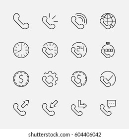 Set of phone vector line icons. It contains the symbols of incoming, outgoing, missed calls, global call and round the clock online support and much more. 32x32 pixels.